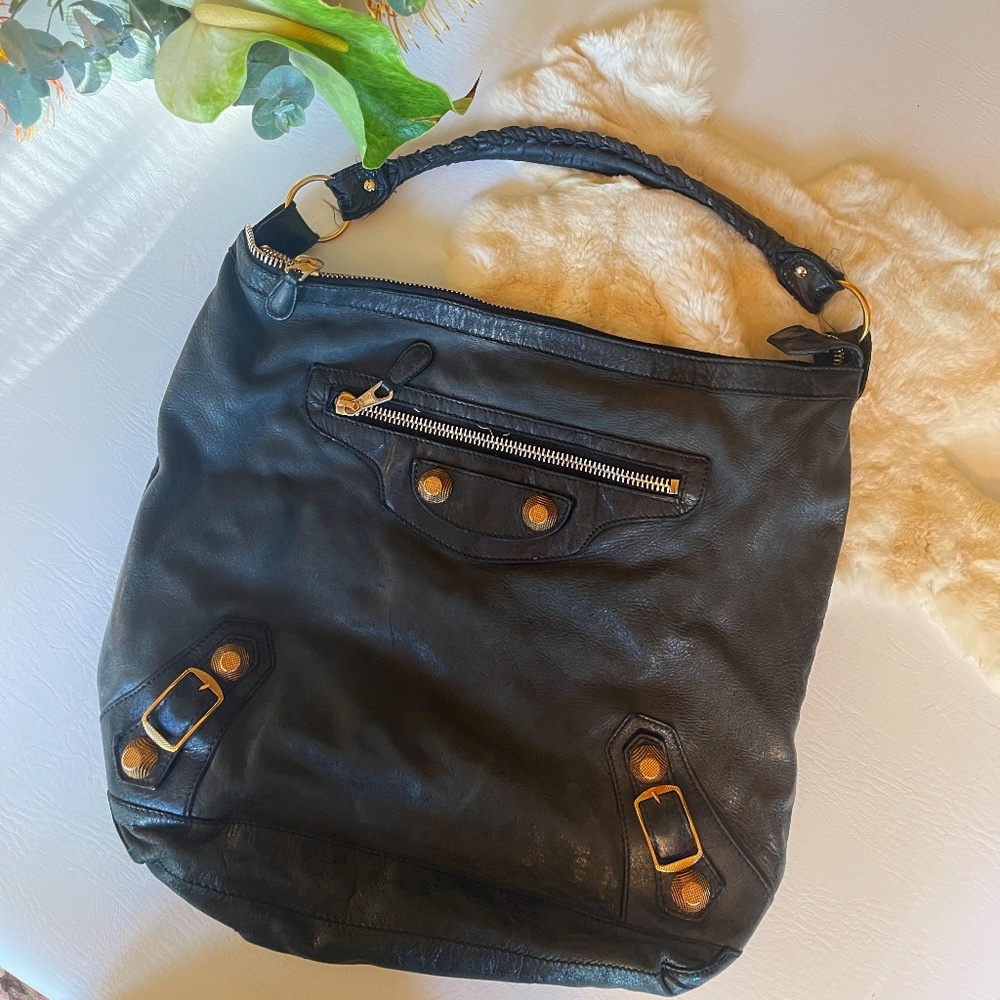 Balenciaga Black Distressed Leather Tall City Large Bag